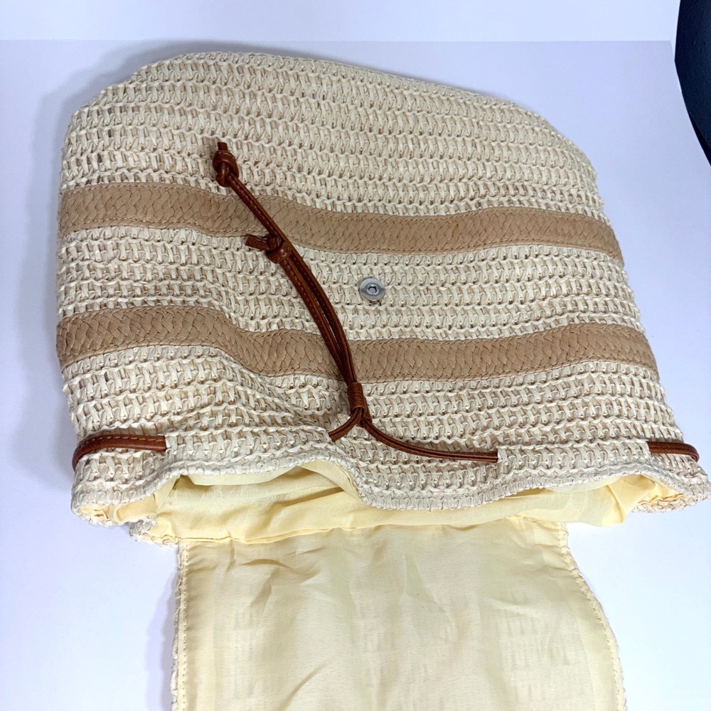 Roxy Woven Straw Backpack Cream Tan Striped Boho Beach Bag Drawstring RN114199 - Picture 12 of 16